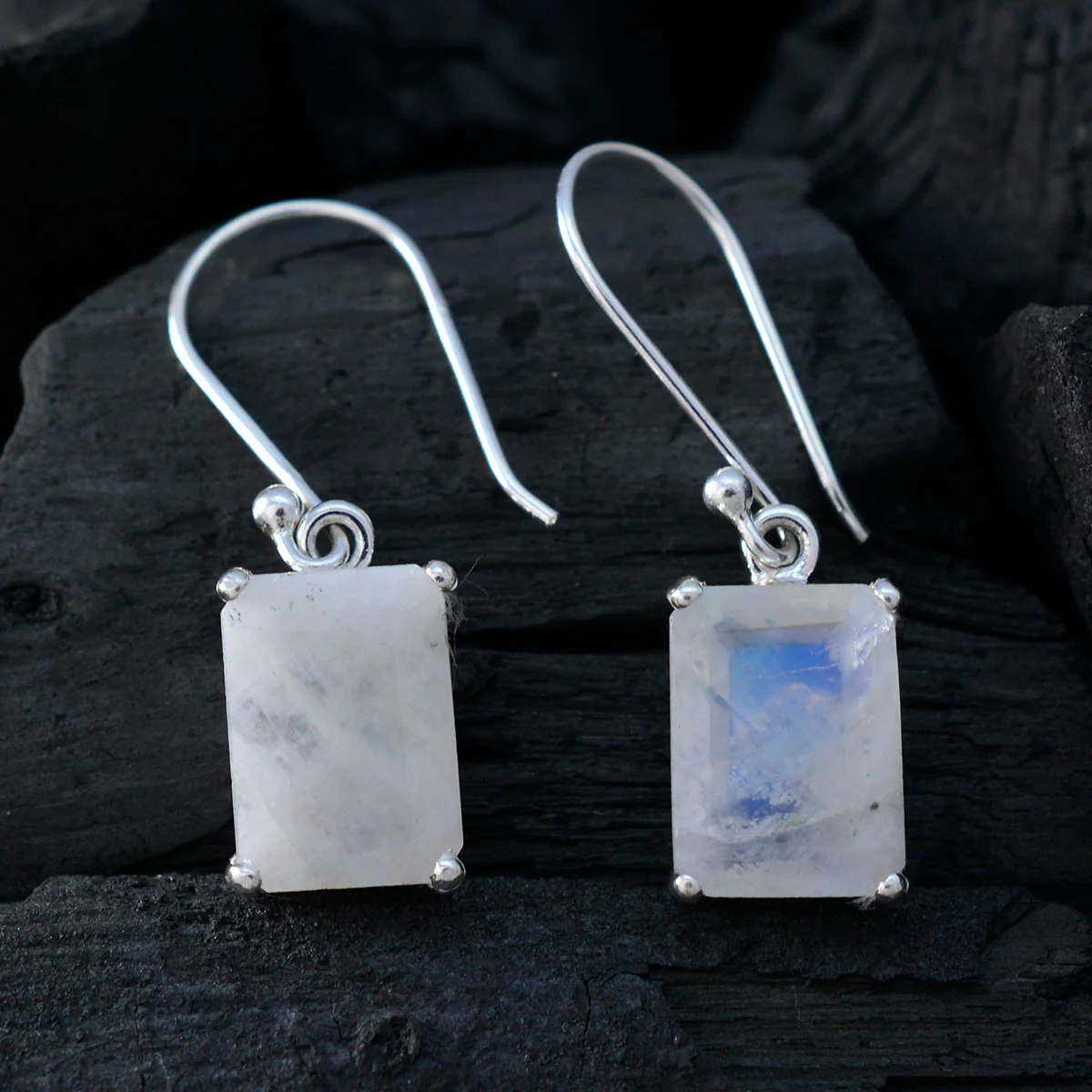 Rainbow Moonstone Turkish Aisha Solitaire Dangle White 925 Sterling Silver Earring - Image 2