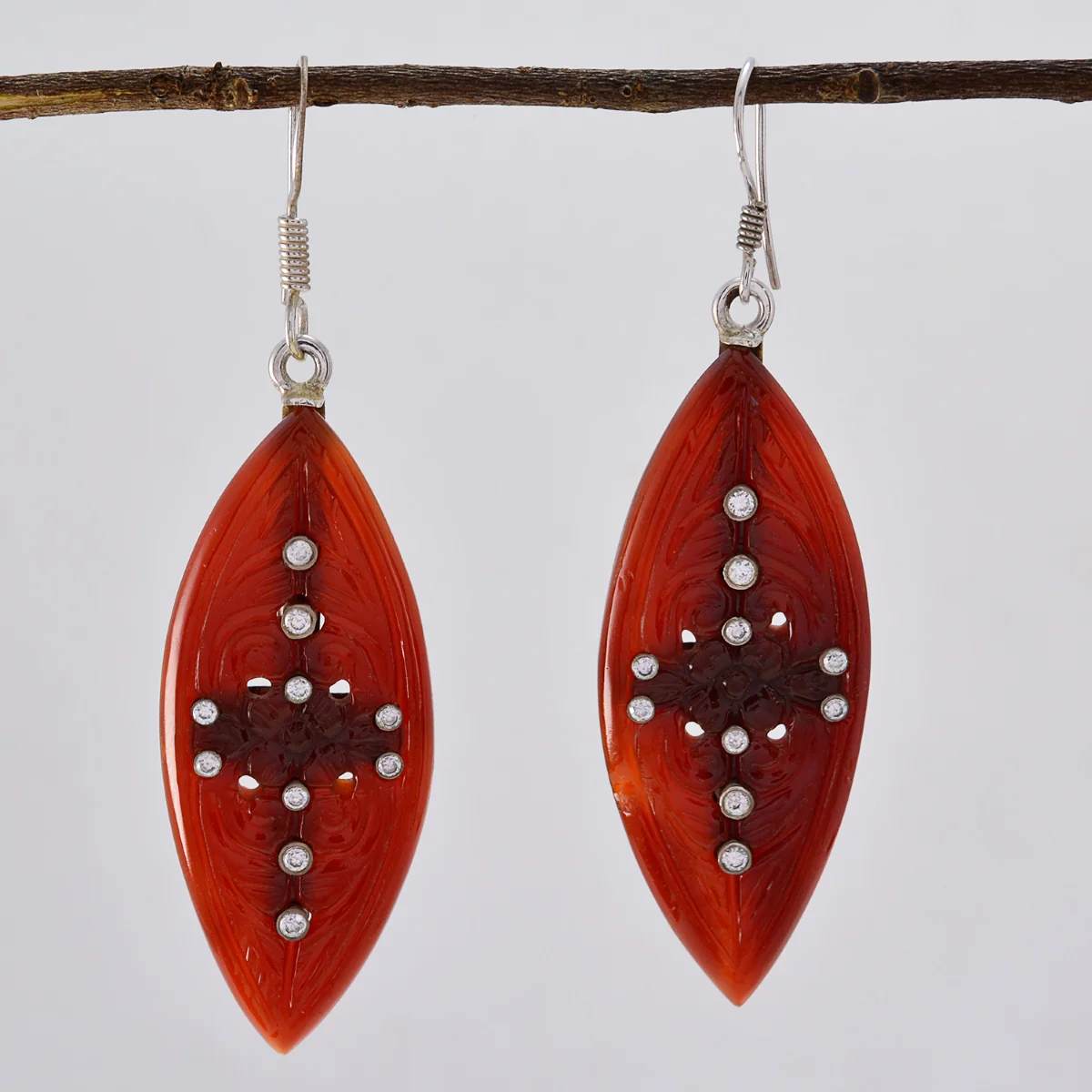 Red Onyx Indian Liyana multiple Dangle Red Silver Earring - Image 2