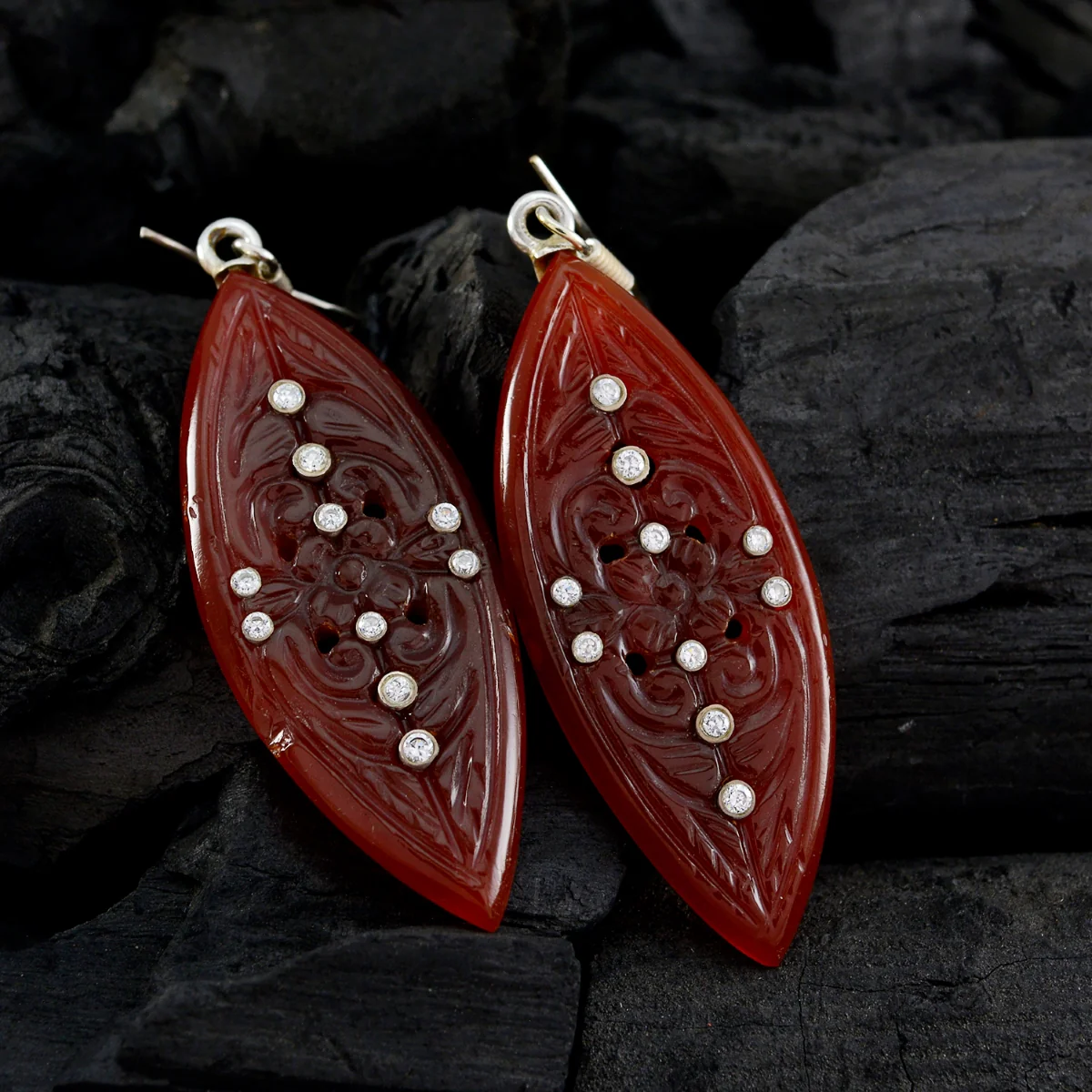 Red Onyx Indian Liyana multiple Dangle Red Silver Earring - Image 4