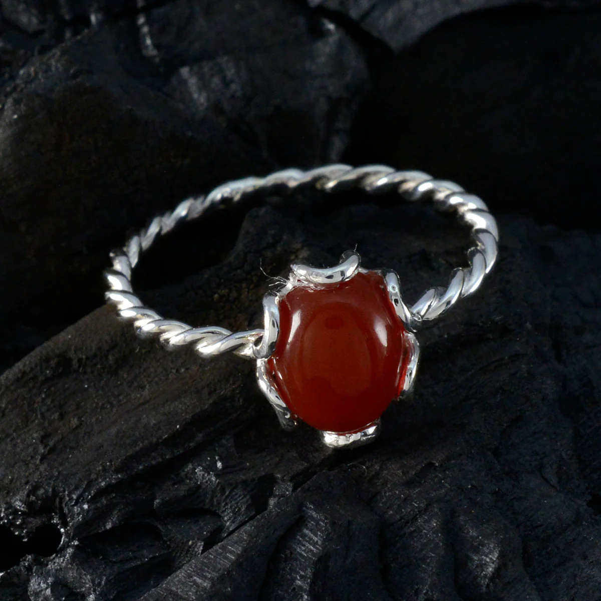 Red Onyx Solitaire Korean 92.5 Silver Red Gemstone Delicate Twist Ring Jewelry - Image 4