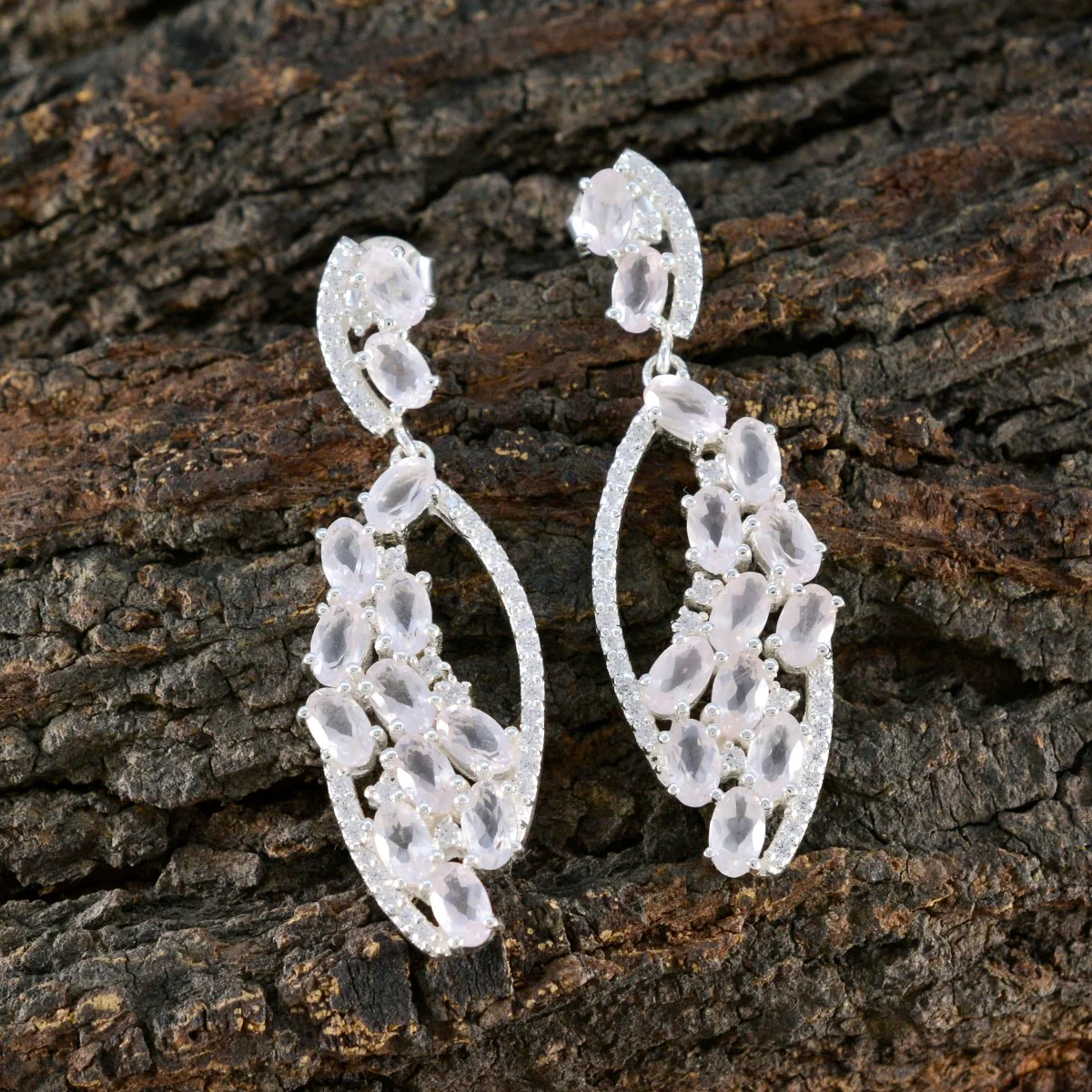 Rose Quartz American Aiko multiple Stud Pink 925 Silver Earring - Image 4