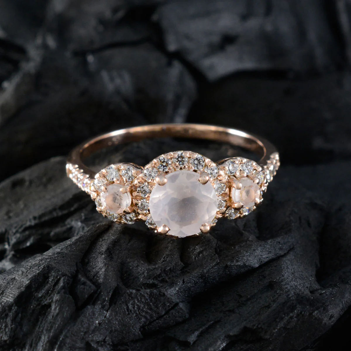 Rose Quartz Halo Korean Sterling Silver Pink Gems Delicate Sophisticated Ring Jewelry - Image 4