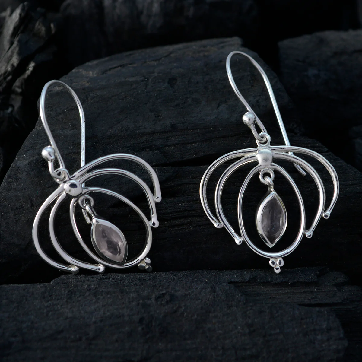 Rose Quartz Korean Mia Solitaire Dangle Pink Sterling Silver Earring - Image 2