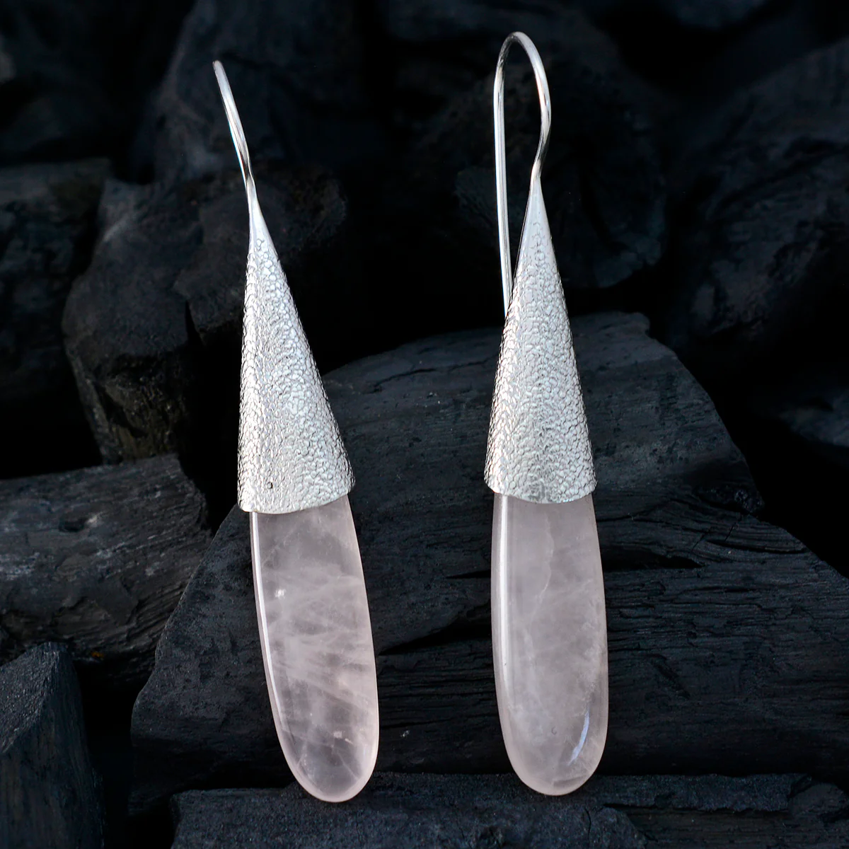 Rose Quartz Mexican Sakura Solitaire Dangle Pink 925 Sterling Silver Earring - Image 2