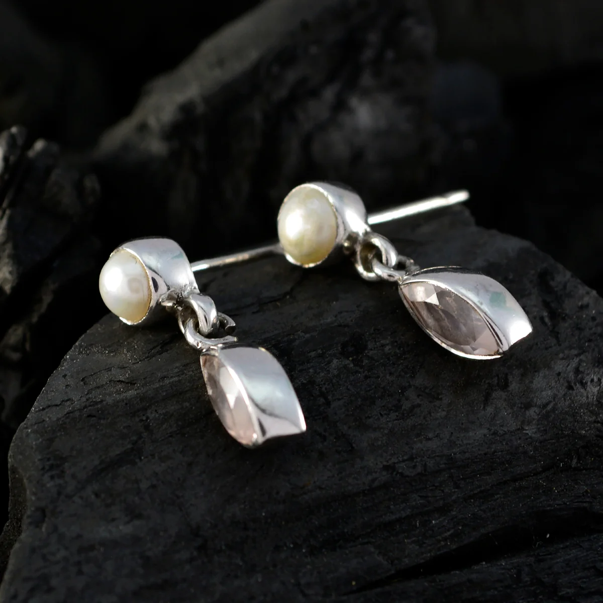Rose Quartz Moroccan Marie multiple Stud Pink Silver Earring - Image 2