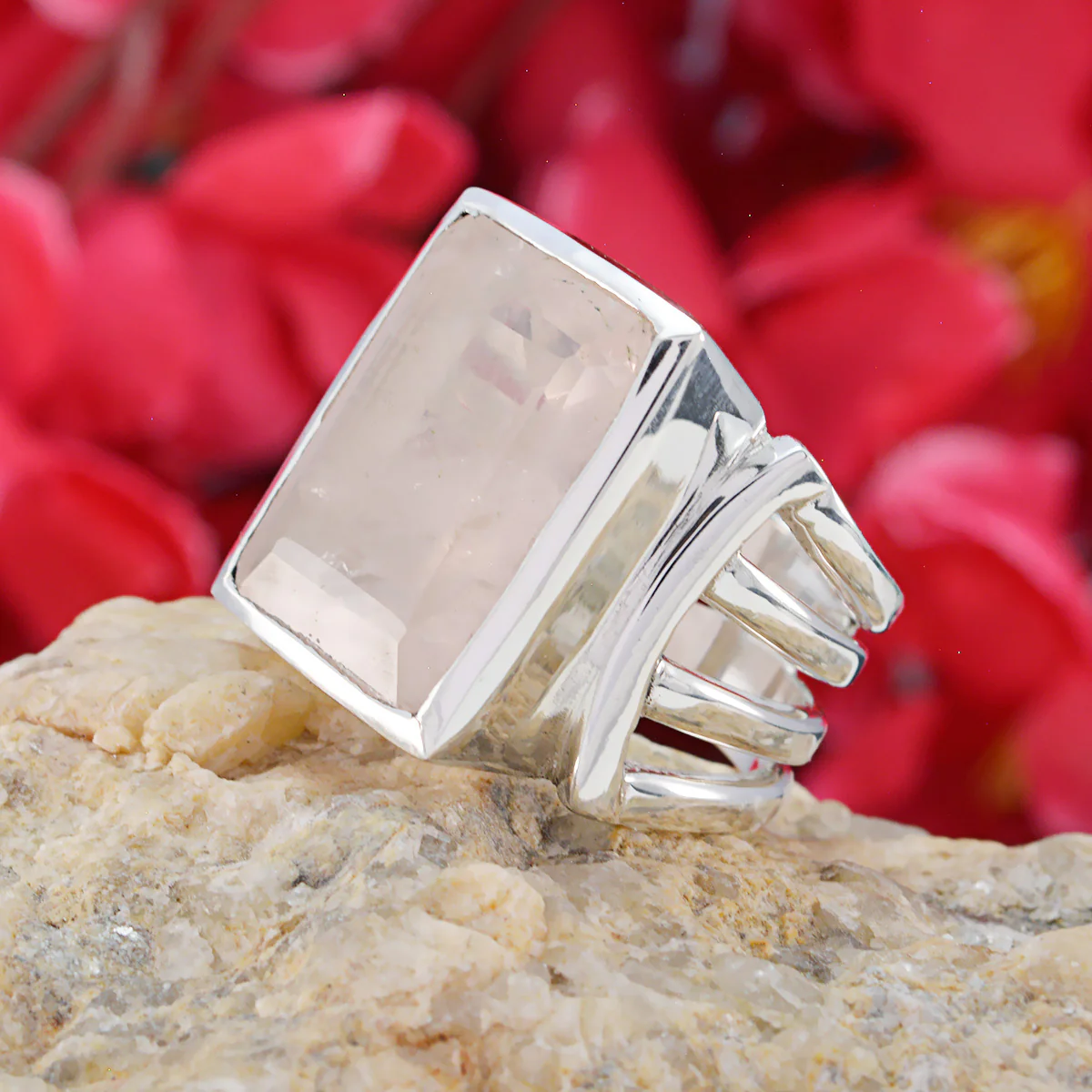 Rose Quartz Solitaire German 925 Silver Pink Gems Chunky Armor Ring Jewellery - Image 3