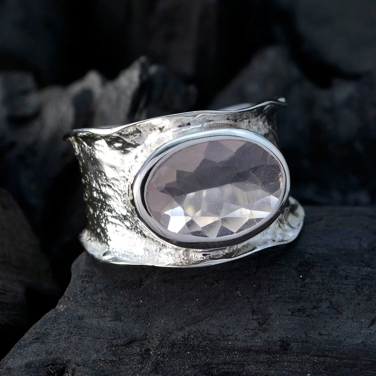 Rose Quartz Solitaire German Sterling Silver Pink Gemstone Edgy Oversized Band Jewellery - Image 3