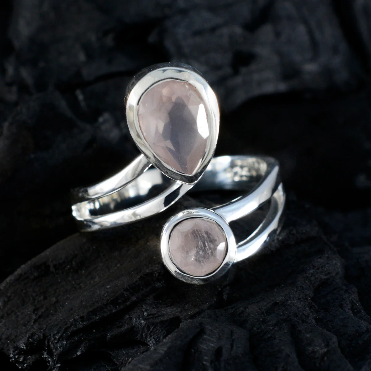 Rose Quartz Toi et Moi French Silver Pink Gems Tiny Love Ring Jewelry - Image 4