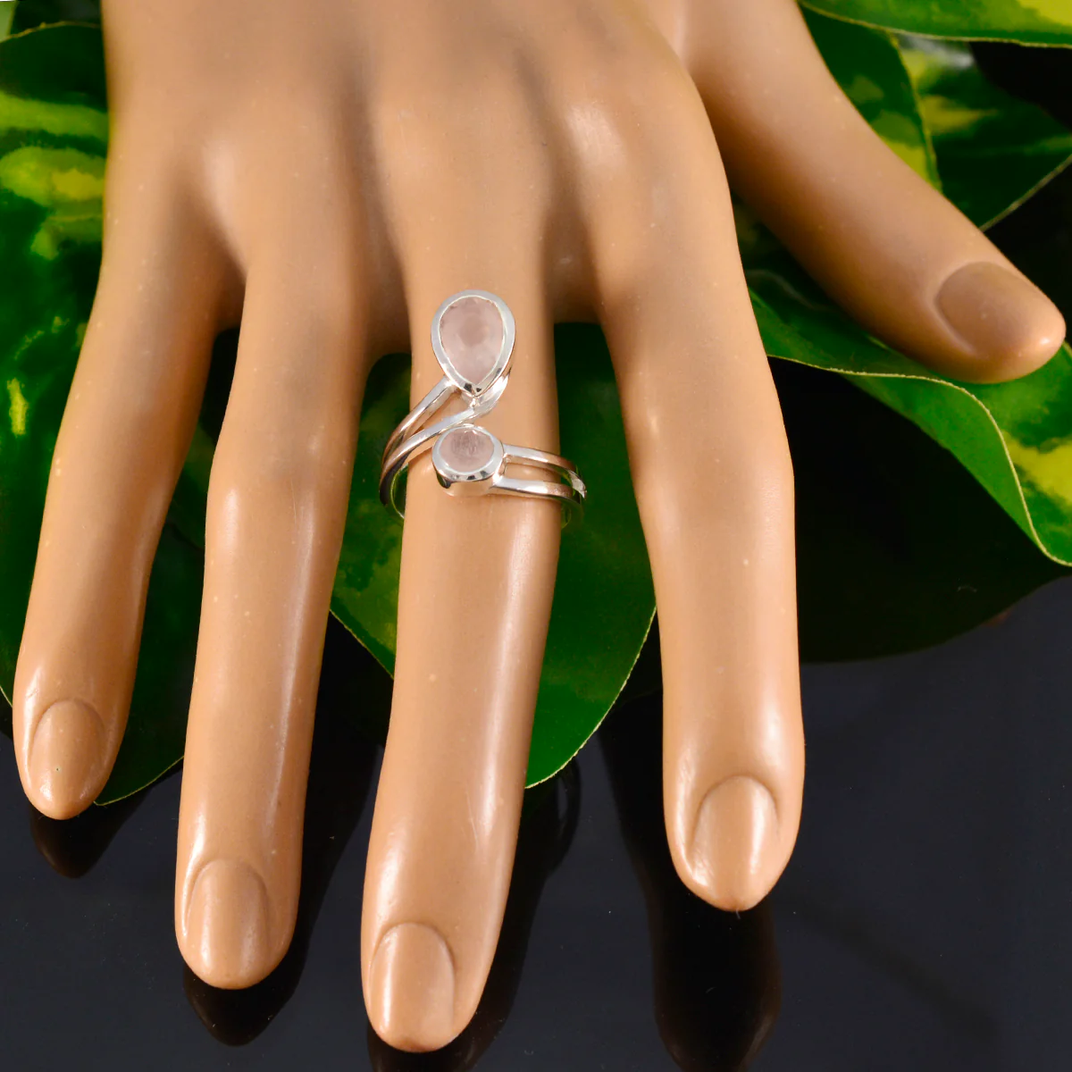 Rose Quartz Toi et Moi French Silver Pink Gems Tiny Love Ring Jewelry - Image 5
