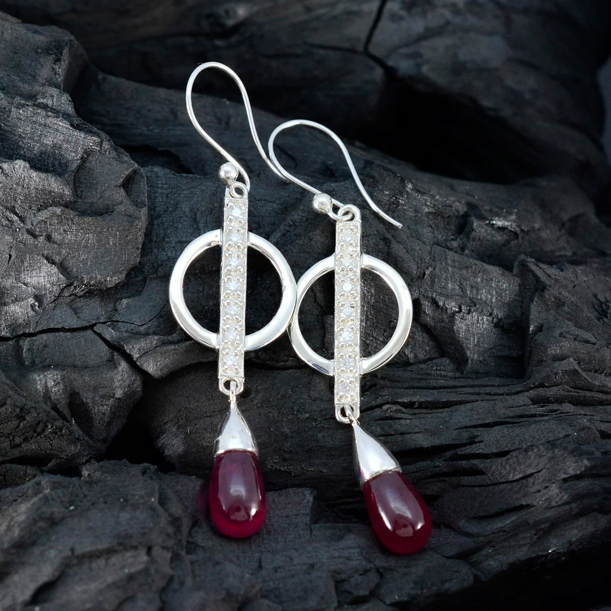 Ruby CZ American Mei multiple Dangle Red Silver Earring - Image 3