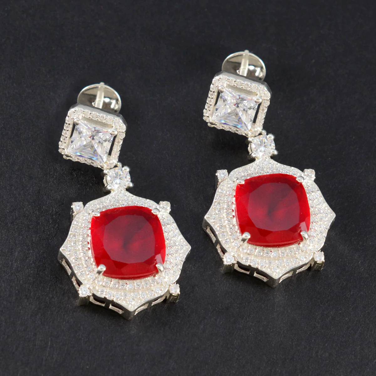 Ruby CZ Indian Dewi multiple Stud Red Sterling Silver Earring - Image 4
