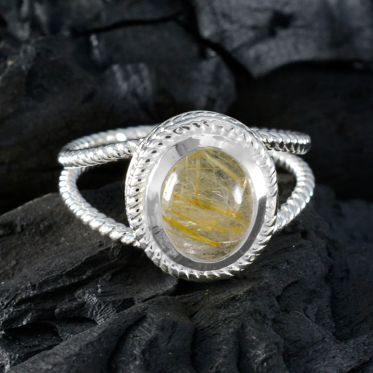 Rutile Quartz Solitaire Australian 925 Sterling Silver Yellow Gemstones Classic Rope-Wire Ring Jewelry - Image 4