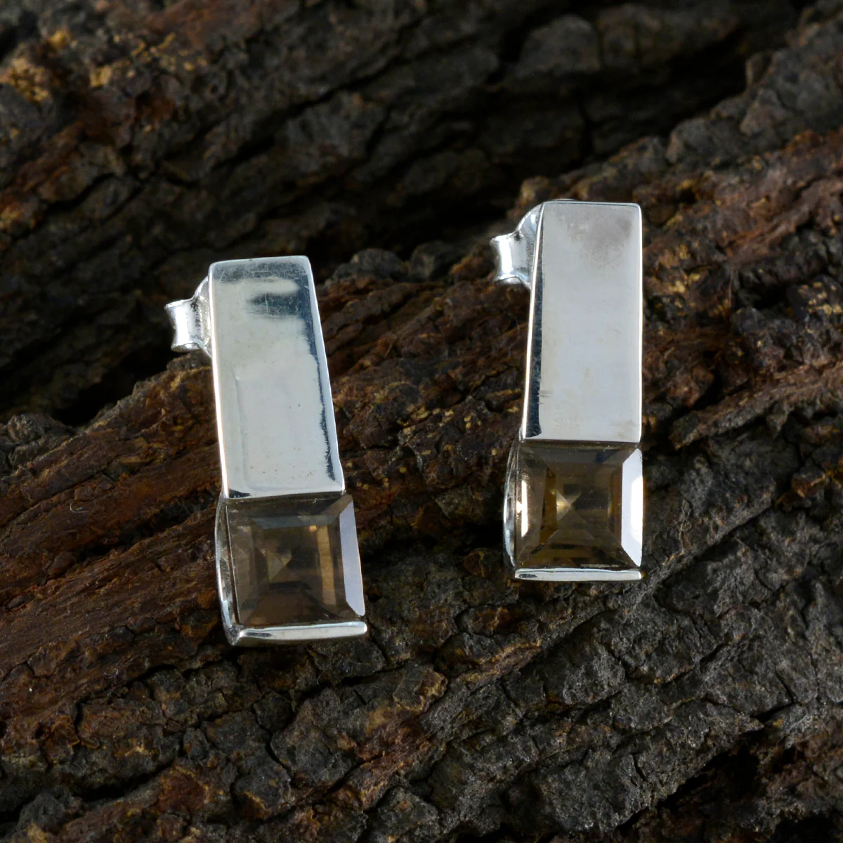 Smoky Quartz Egyptian Mathilde Solitaire Stud Brown 925 Sterling Silver Earring - Image 3