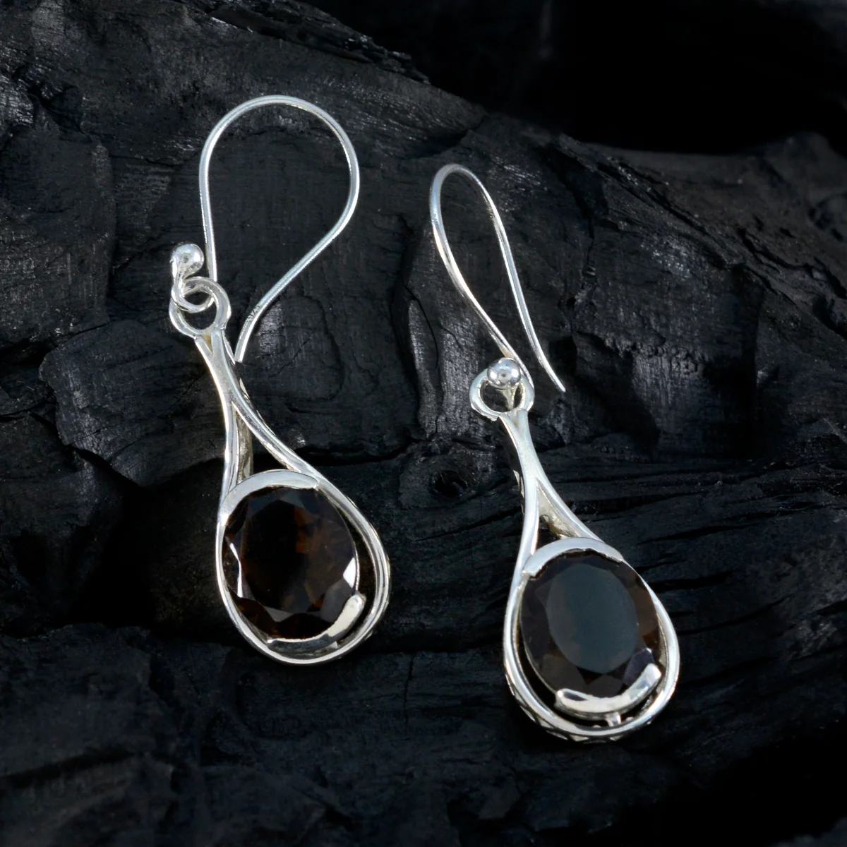 Smoky Quartz French Amanda Solitaire Dangle Brown Sterling Silver Earring - Image 2