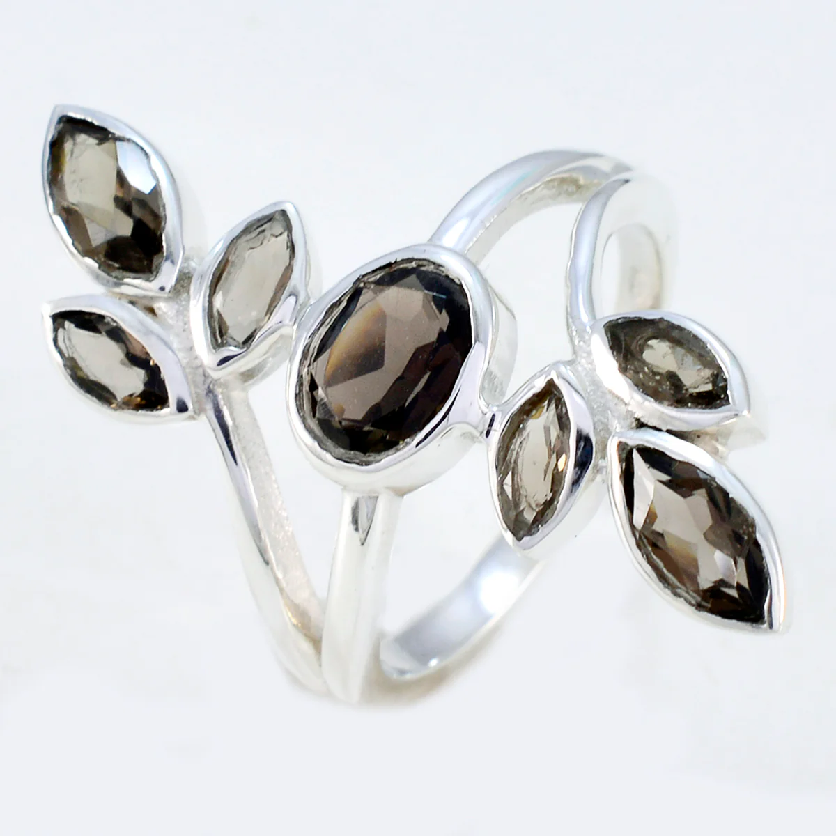 smoky quartz Hepta French 92.5 Silver Brown Gemstone Classic Leafy Ring Jewellery - Image 2