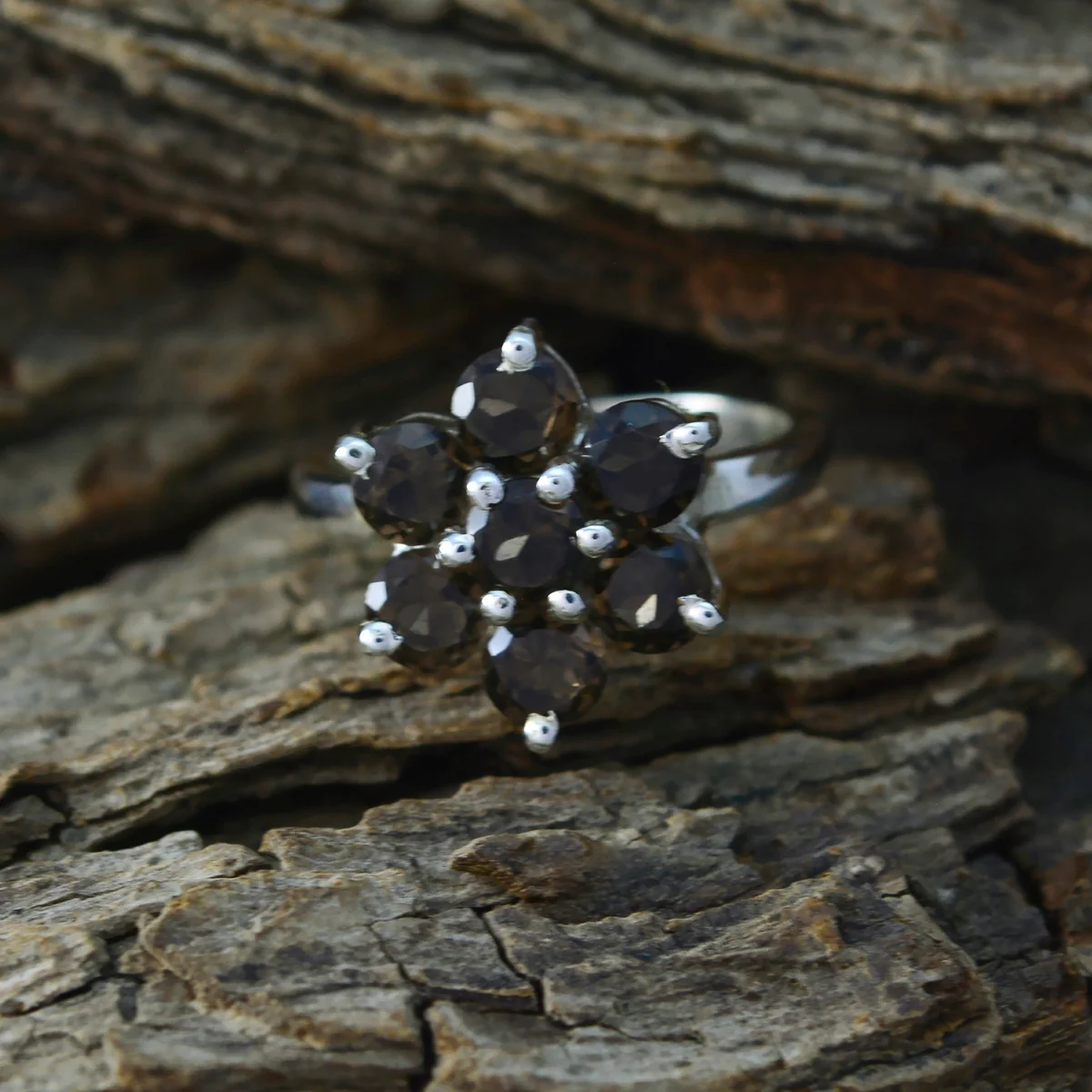 smoky quartz Hepta German Sterling Silver Brown Gems Minimal Floral Ring Jewellery - Image 3