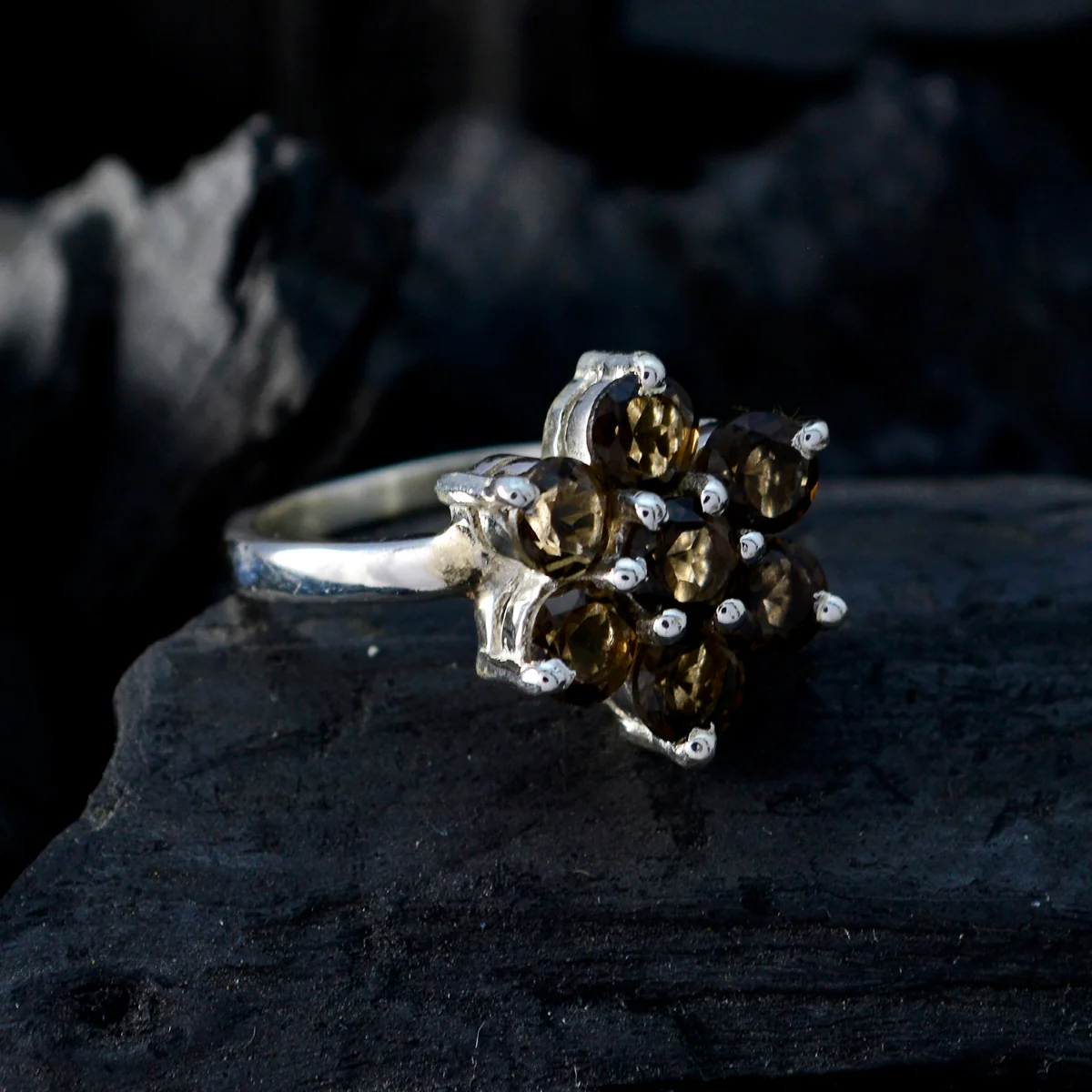 smoky quartz Hepta German Sterling Silver Brown Gems Minimal Floral Ring Jewellery - Image 4