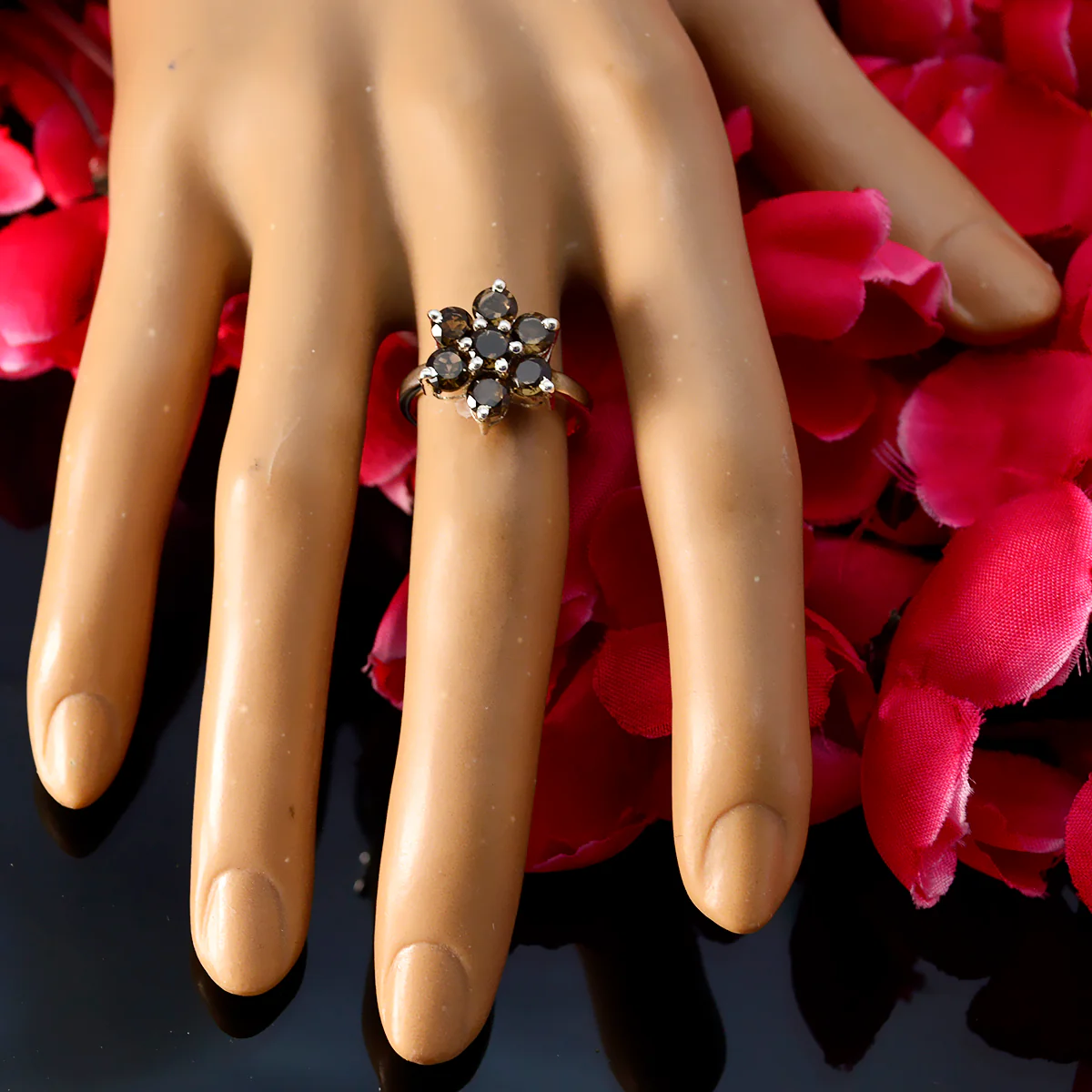 smoky quartz Hepta German Sterling Silver Brown Gems Minimal Floral Ring Jewellery - Image 5