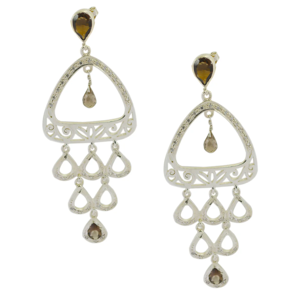 Smoky Quartz Indian Maria multiple Dangle Brown 925 Sterling Silver Earring - Image 2