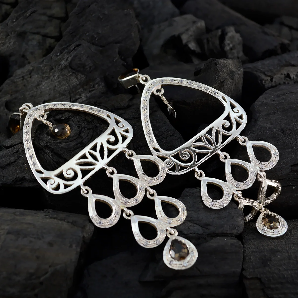 Smoky Quartz Indian Maria multiple Dangle Brown 925 Sterling Silver Earring - Image 4