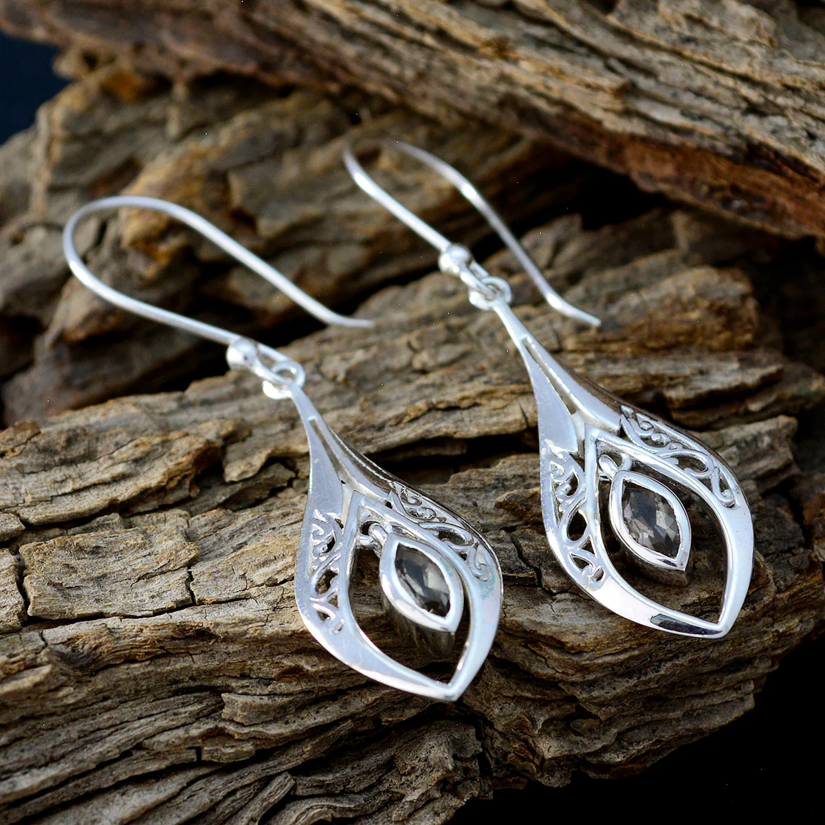 Smoky Quartz Korean Camila Solitaire Dangle Brown Silver Earring - Image 3