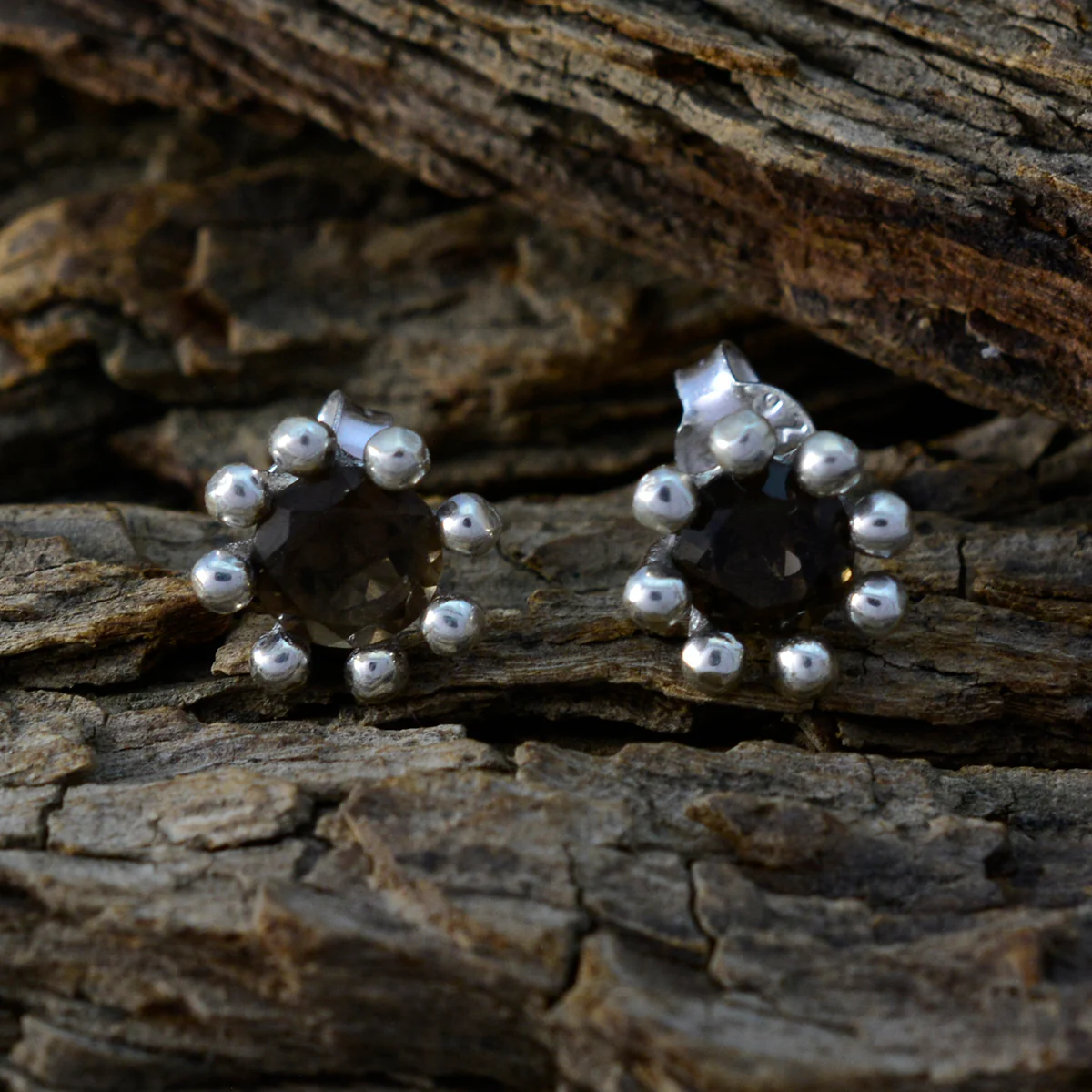 Smoky Quartz Middle Eastern Isadora Solitaire Stud Brown Silver Earring - Image 3