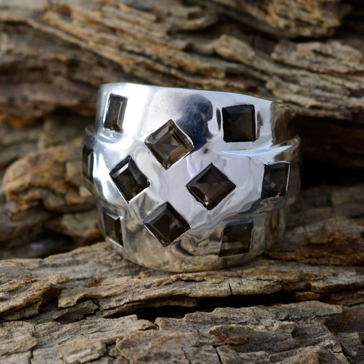 smoky quartz multiple French 925 Silver Brown Gemstones Chunky Traditional Ring Jewellery - Image 3