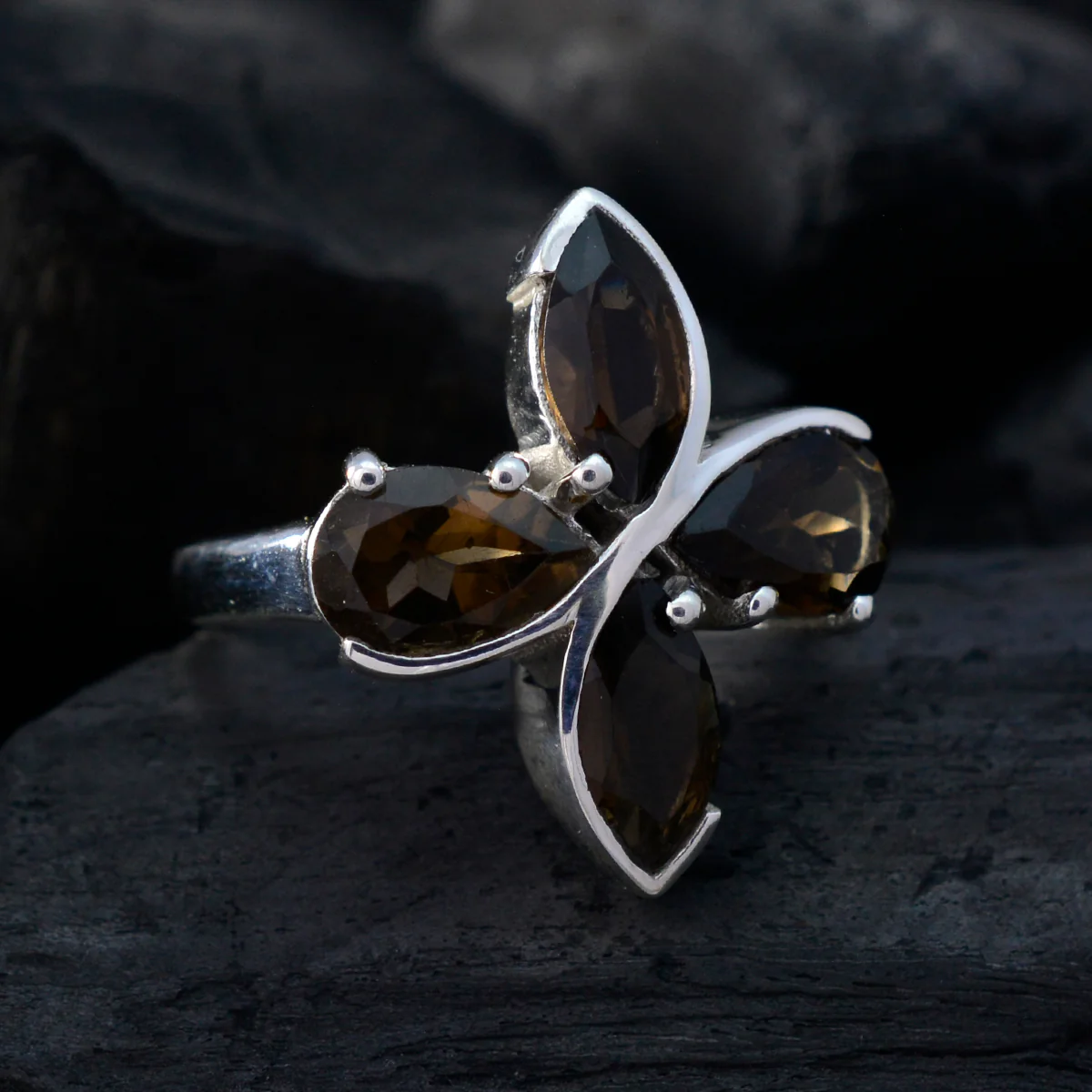 smoky quartz quarter German 925 Sterling Silver Brown Gemstones Minimal Floral Ring Jewelry - Image 4