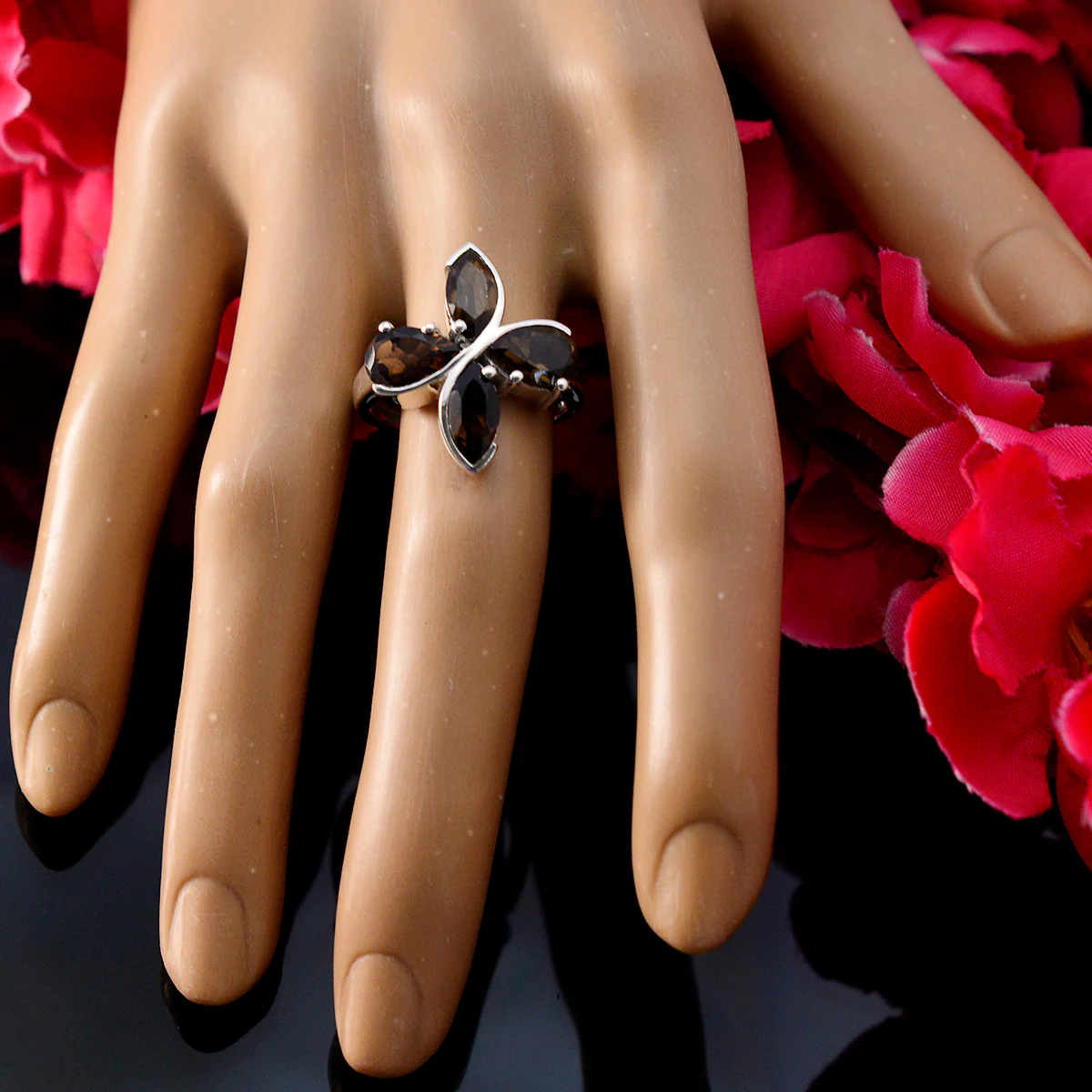 smoky quartz quarter German 925 Sterling Silver Brown Gemstones Minimal Floral Ring Jewelry - Image 5