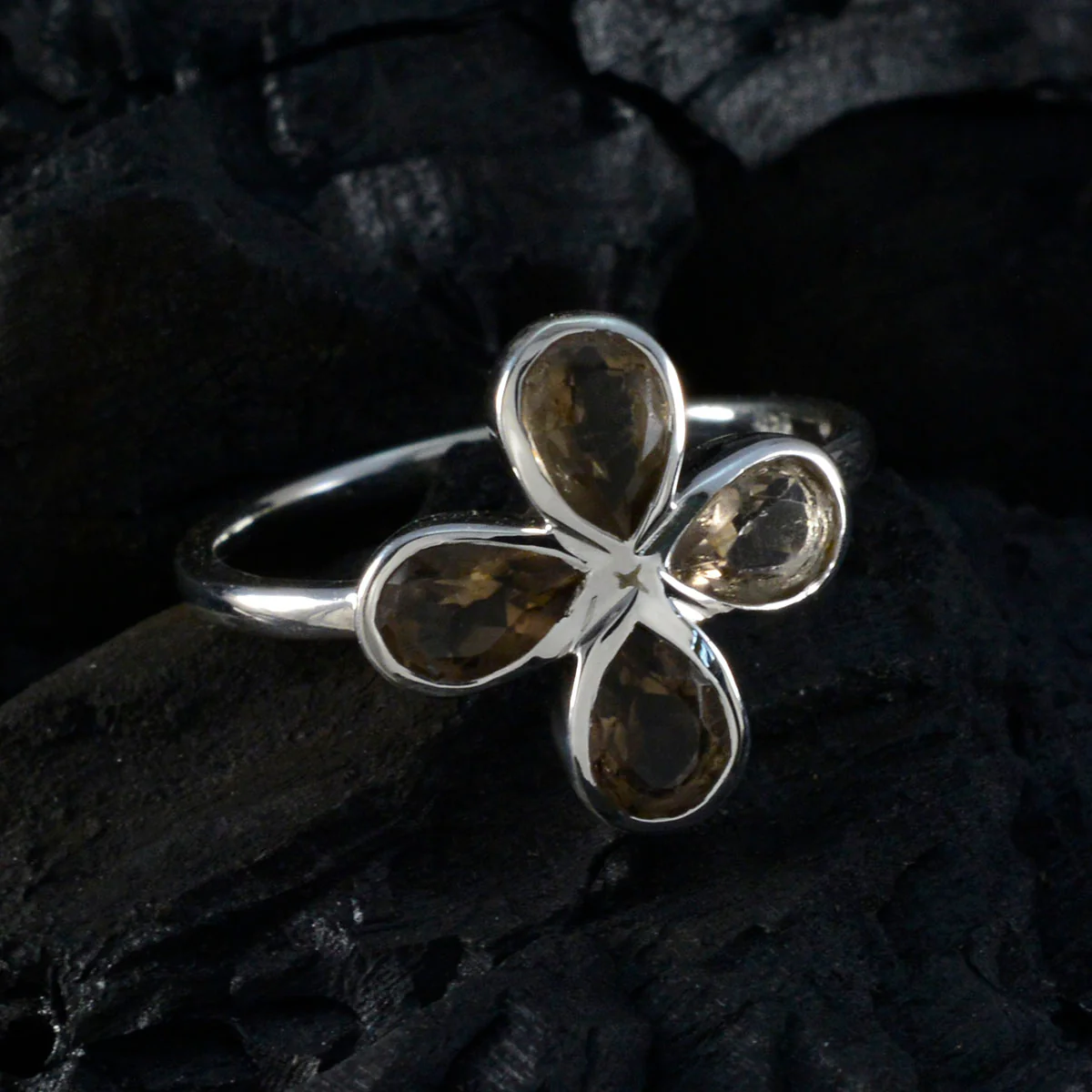 Smoky Quartz quarter Korean Silver Brown Gems Dainty Floral Ring Jewellery - Image 4