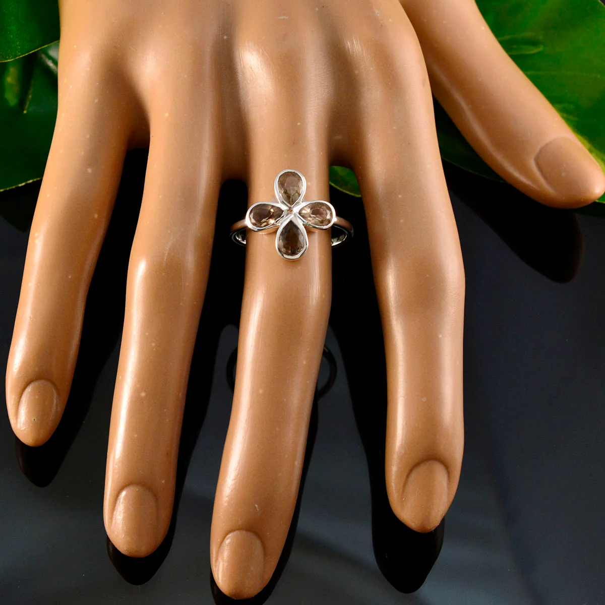 Smoky Quartz quarter Korean Silver Brown Gems Dainty Floral Ring Jewellery - Image 5