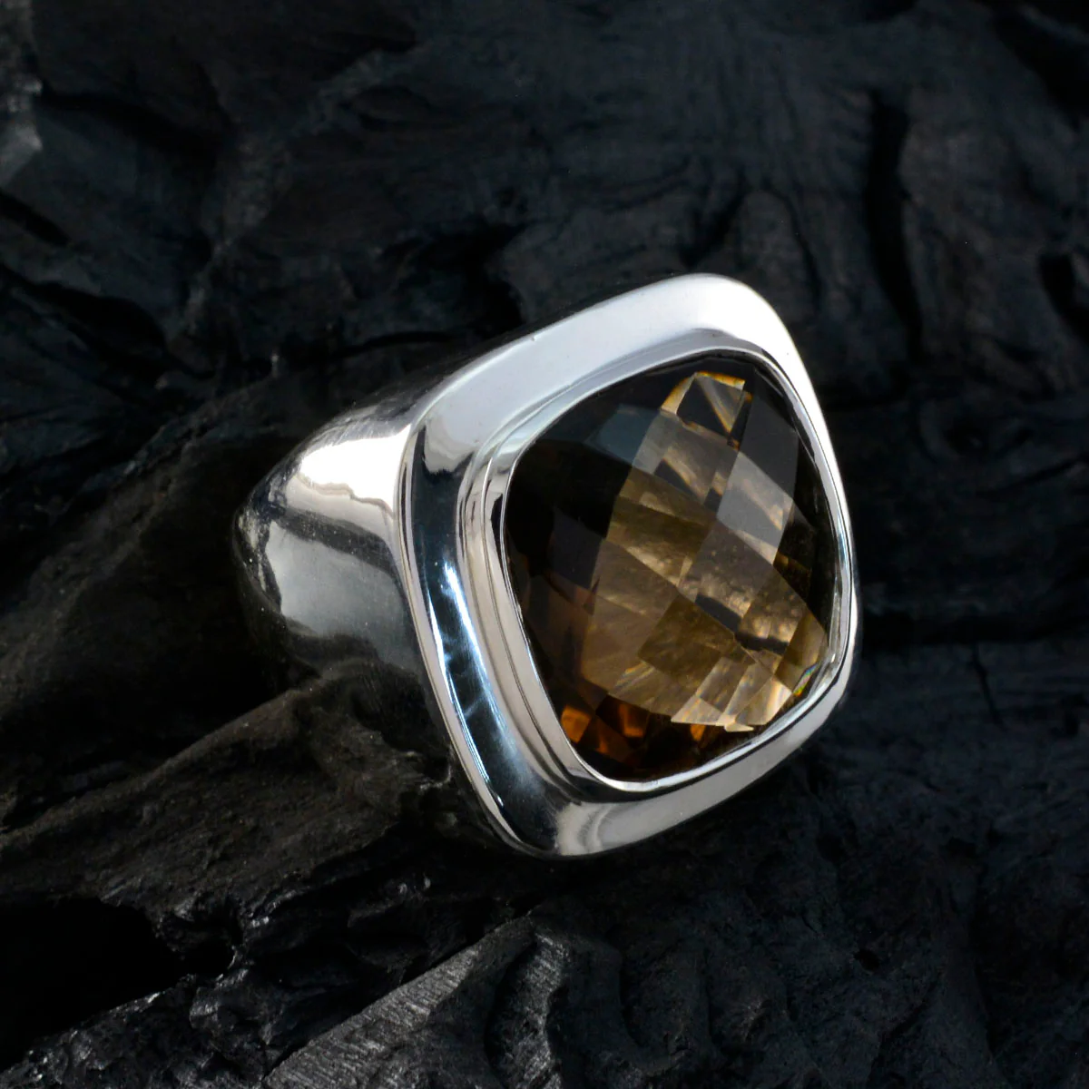 Smoky Quartz Solitaire Italian 925 Silver Brown Gems Chunky Signet Ring Jewelry - Image 4