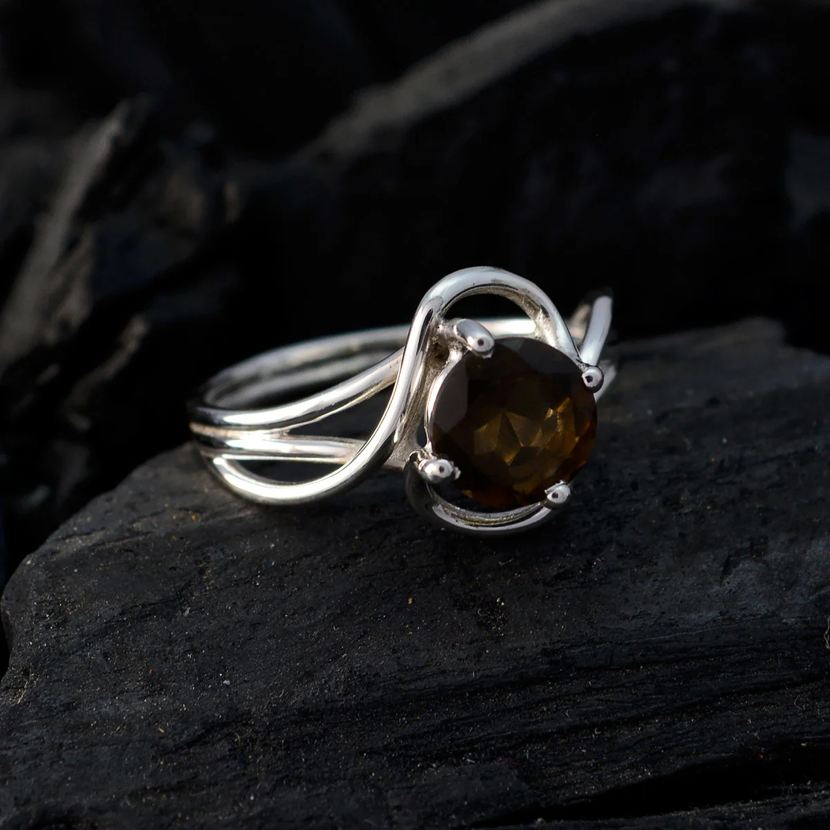 smoky quartz Solitaire Korean 925 Sterling Silver Brown Gems Delicate Modern Ring Jewellery - Image 4