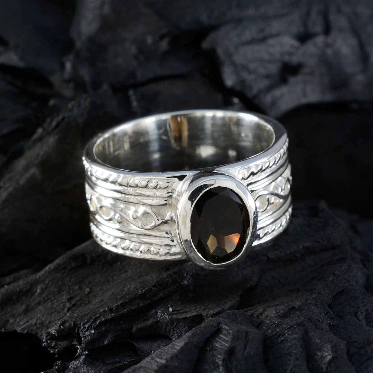 smoky quartz Solitaire Russian Silver Brown Gemstones Mid-weight Art Deco Ring Jewelry - Image 5