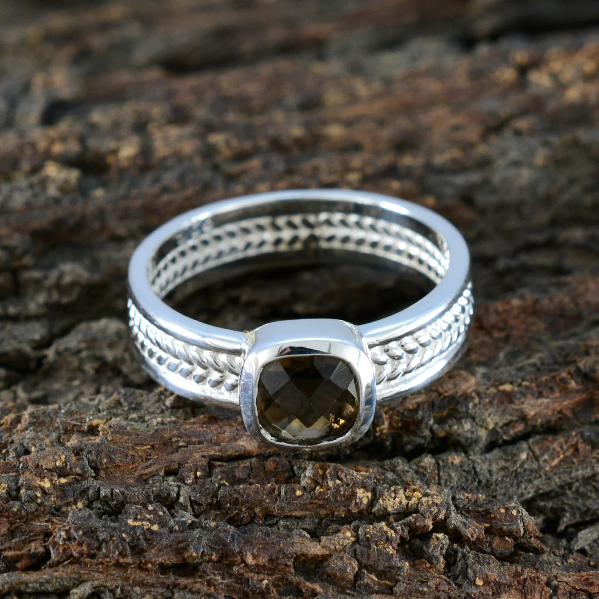 Smoky Quartz Solitaire Spanish 92.5 Silver Brown Gems Mid-weight Rope-Wire Band Jewellery - Image 3