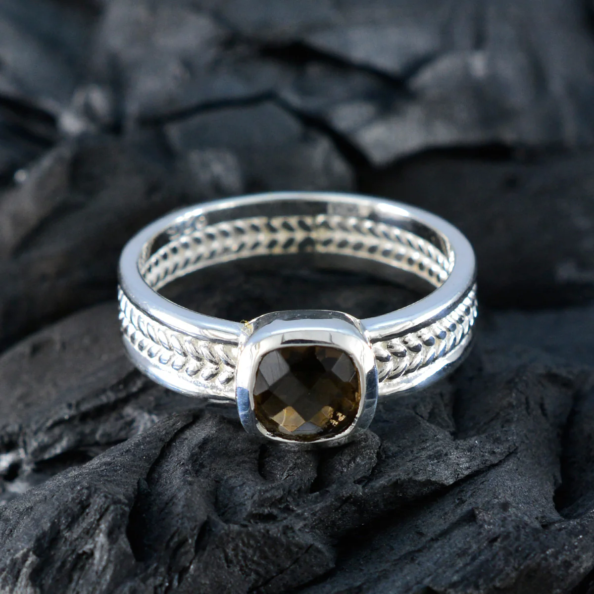 Smoky Quartz Solitaire Spanish 92.5 Silver Brown Gems Mid-weight Rope-Wire Band Jewellery - Image 4