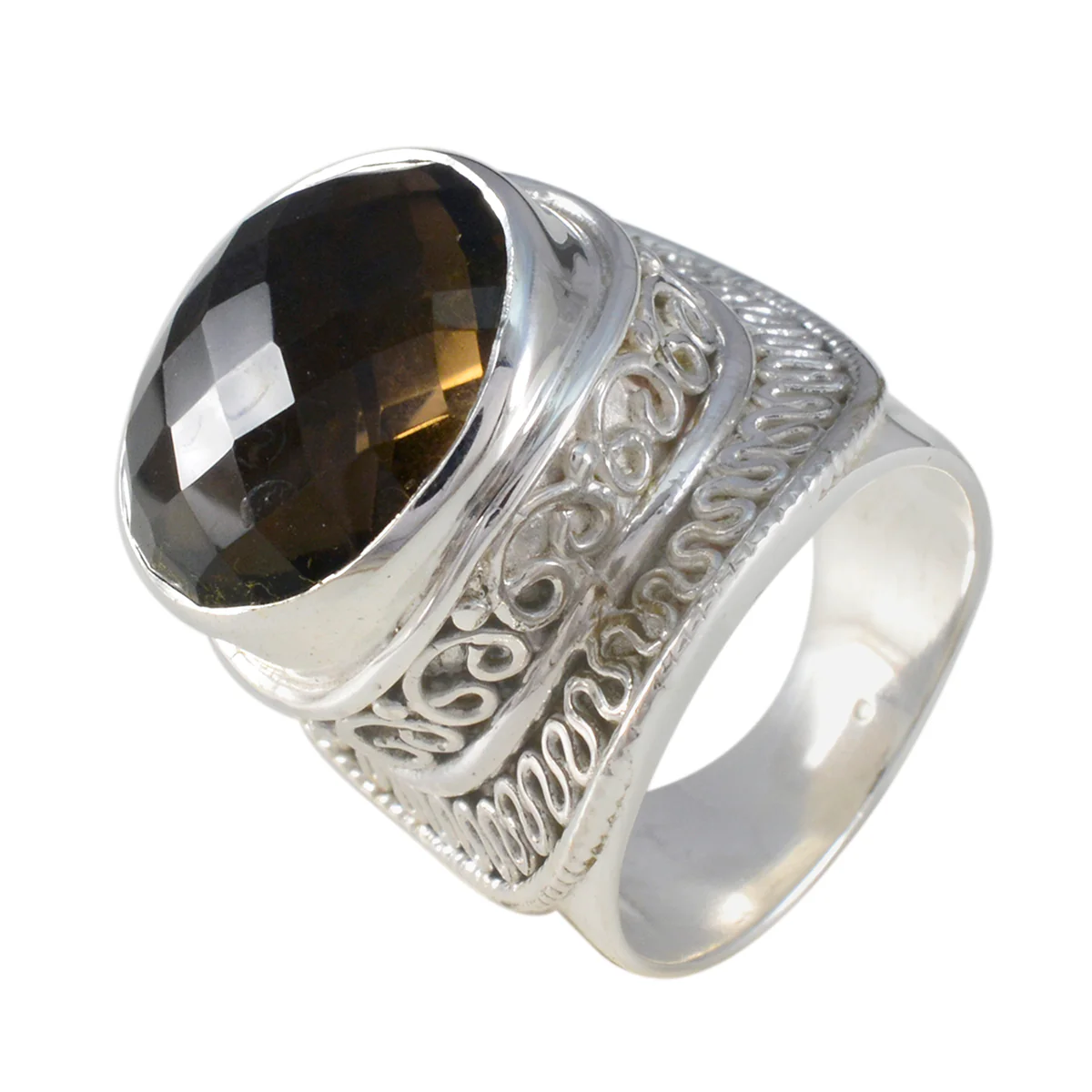 Smoky Quartz Solitaire Spanish 925 Sterling Silver Brown Gemstones Chunky Rope-Wire Ring Jewelry - Image 2