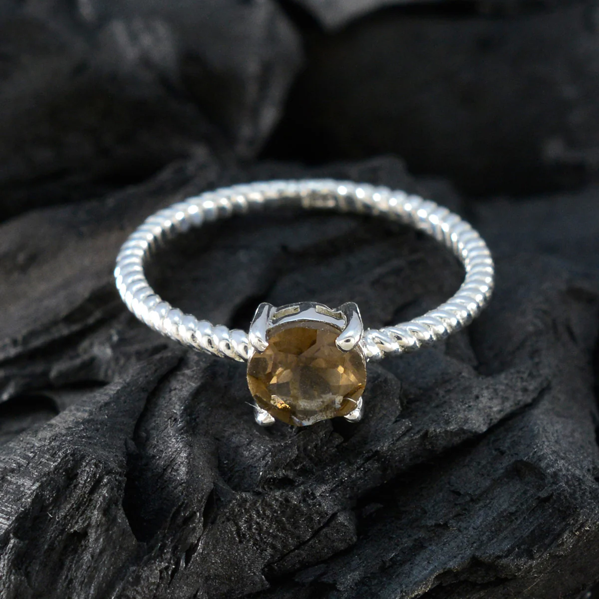 Smoky Quartz Solitaire Turkish 92.5 Silver Brown Gemstone Delicate Twist Ring Jewellery - Image 4