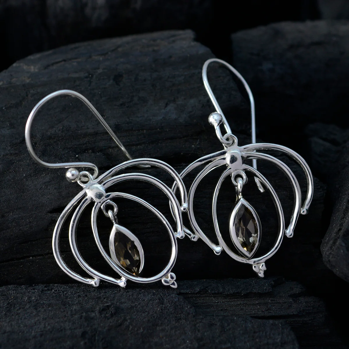Smoky Quartz Spanish Agustina Solitaire Dangle Brown 925 Silver Earring - Image 2