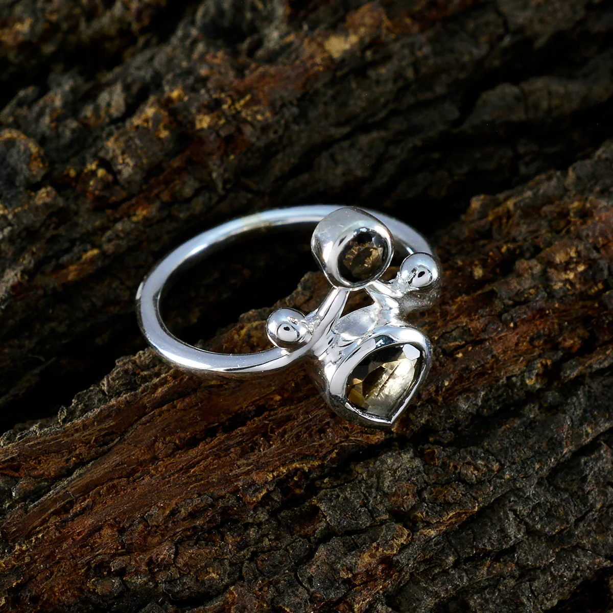 Smoky Quartz Toi et Moi African Sterling Silver Brown Gemstone Tiny Modern Ring Jewellery - Image 3