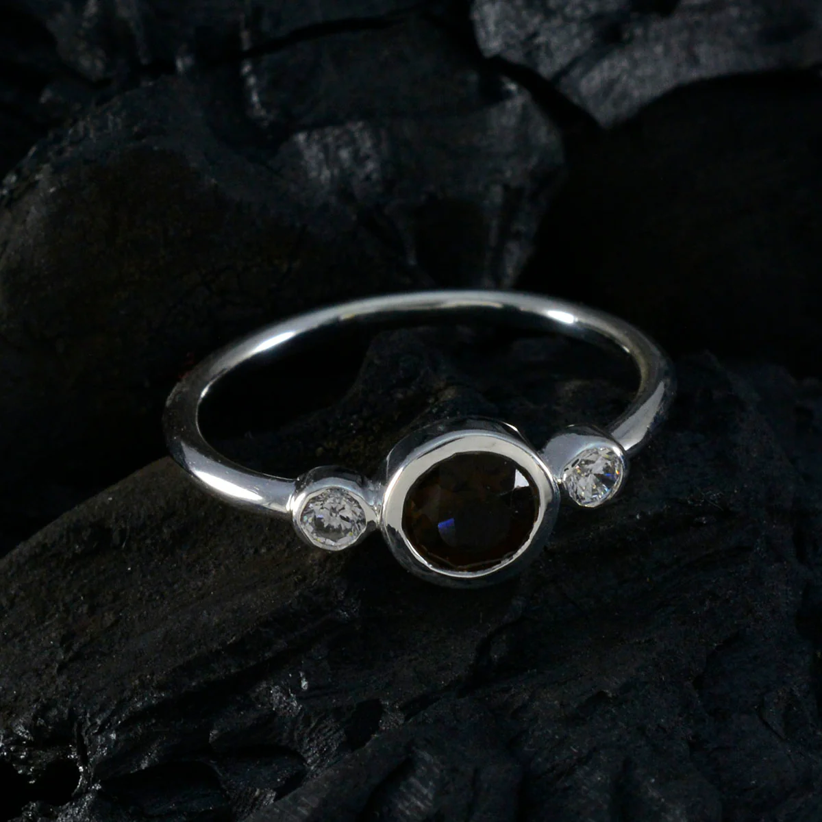 Smoky Quartz Trilogy Korean Silver Brown Gemstones Elegant Glamorous Ring Jewelry - Image 4