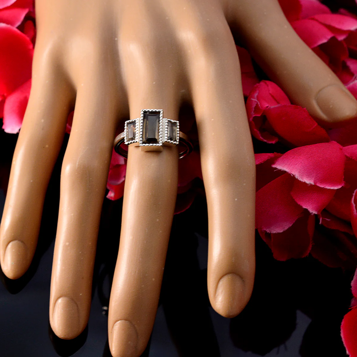 smoky quartz Trilogy Korean Sterling Silver Brown Gems Whisper-thin Artisan Ring Jewelry - Image 5