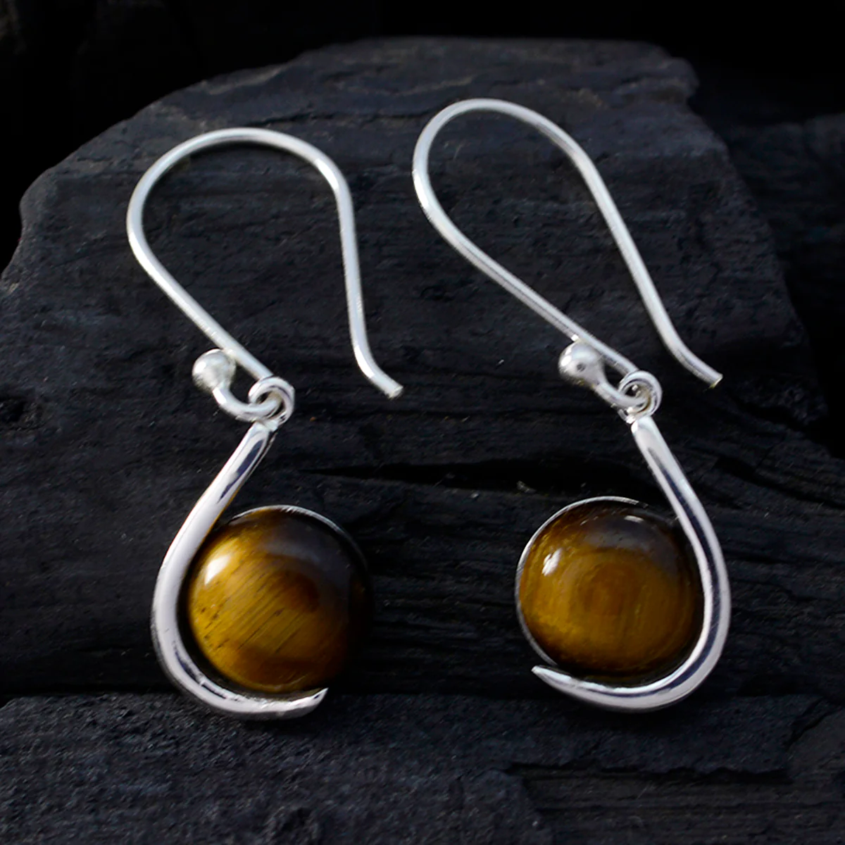 Tiger Eye Moroccan Aisha Solitaire Dangle Brown 925 Sterling Silver Earring - Image 2