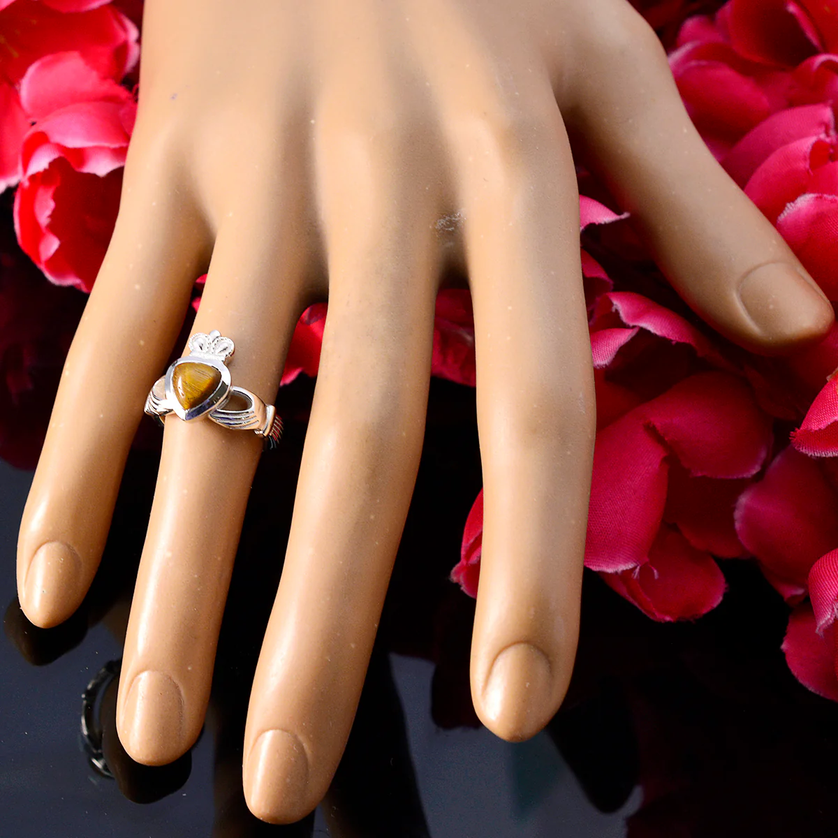 Tiger Eye Solitaire German 92.5 Silver Brown Gems Tiny Romantic Ring Jewellery - Image 5