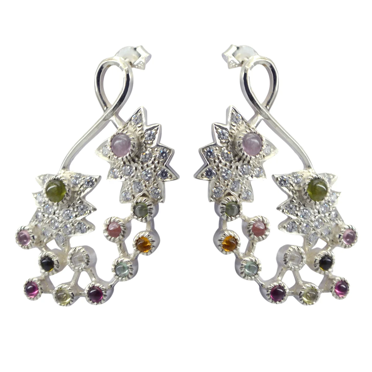 Tourmaline Indian Meera multiple Dangle multicolor 92.5 Silver Earring - Image 2