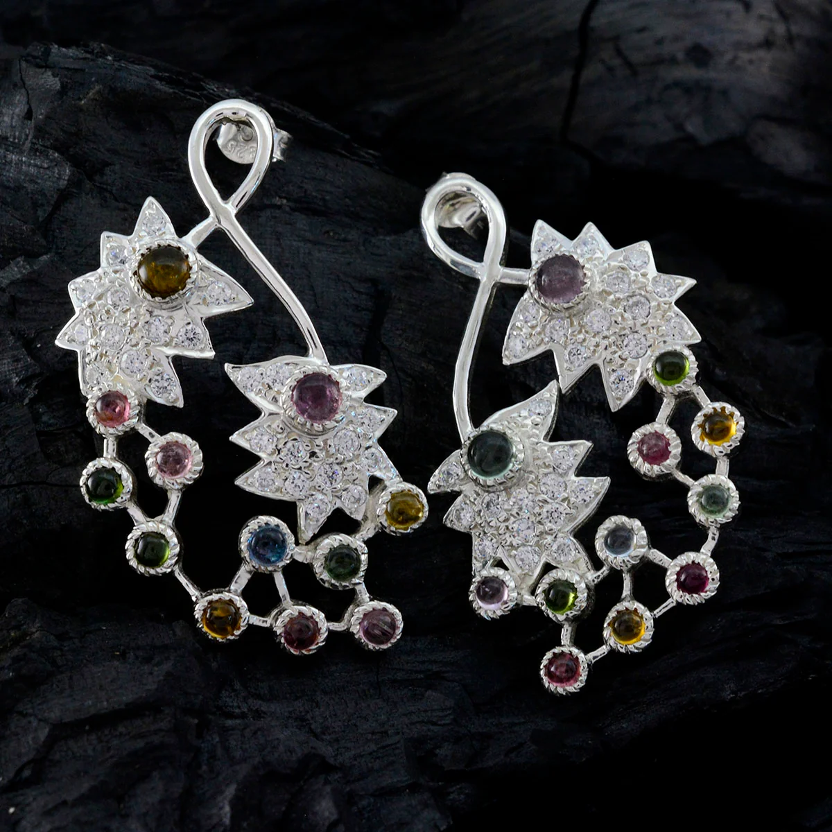 Tourmaline Indian Meera multiple Dangle multicolor 92.5 Silver Earring - Image 4