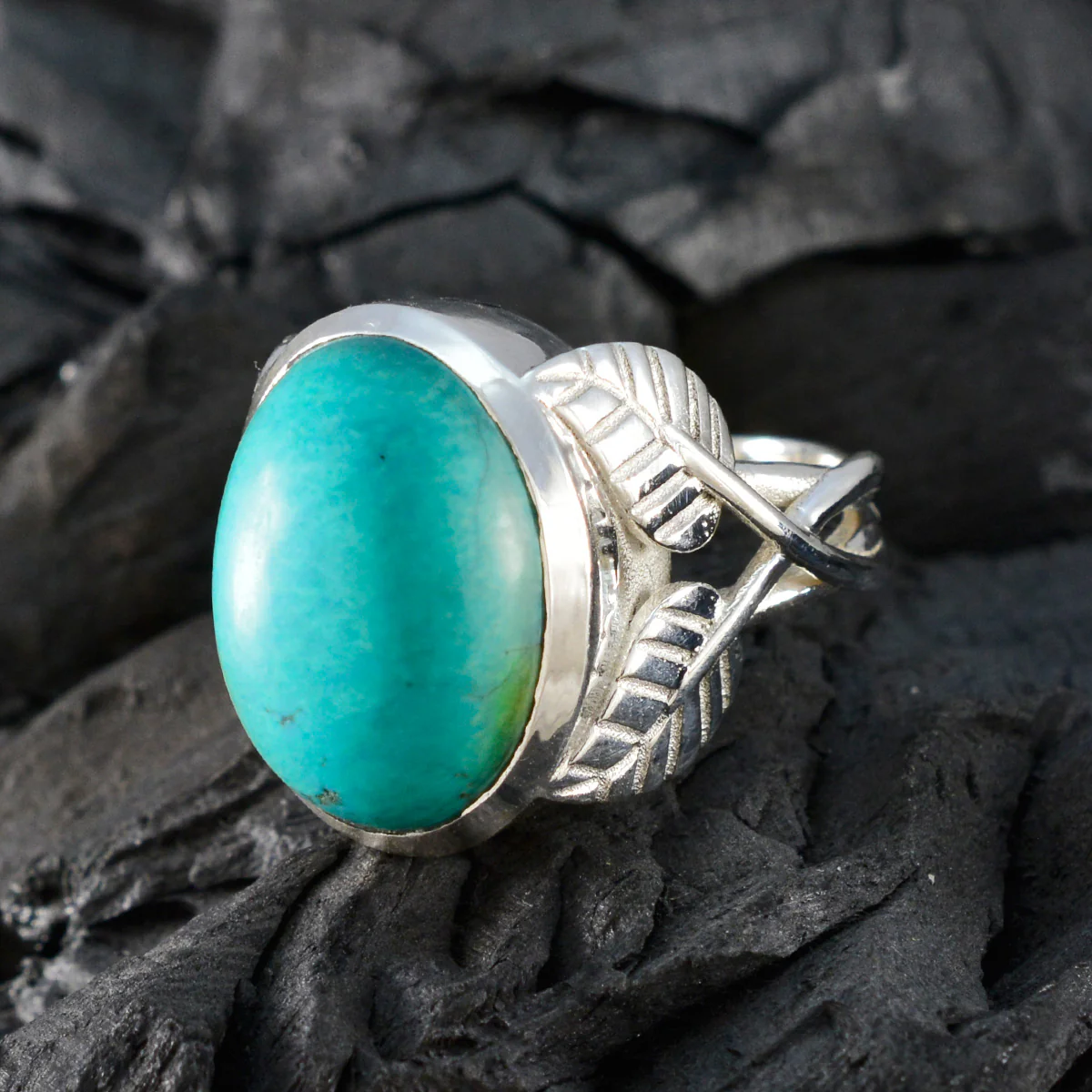 Turquoise Solitaire French 92.5 Silver Blue Gemstone Statement Leafy Ring Jewelry - Image 5