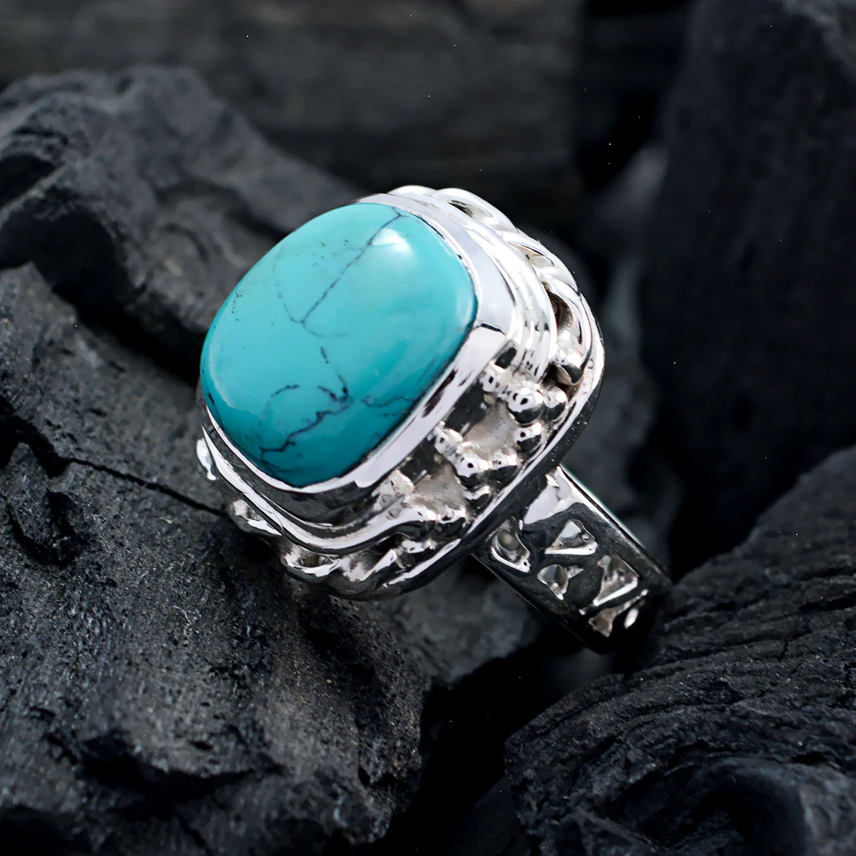 Turquoise Solitaire Italian 92.5 Silver Blue Gemstones Edgy Signet Ring Jewellery - Image 4