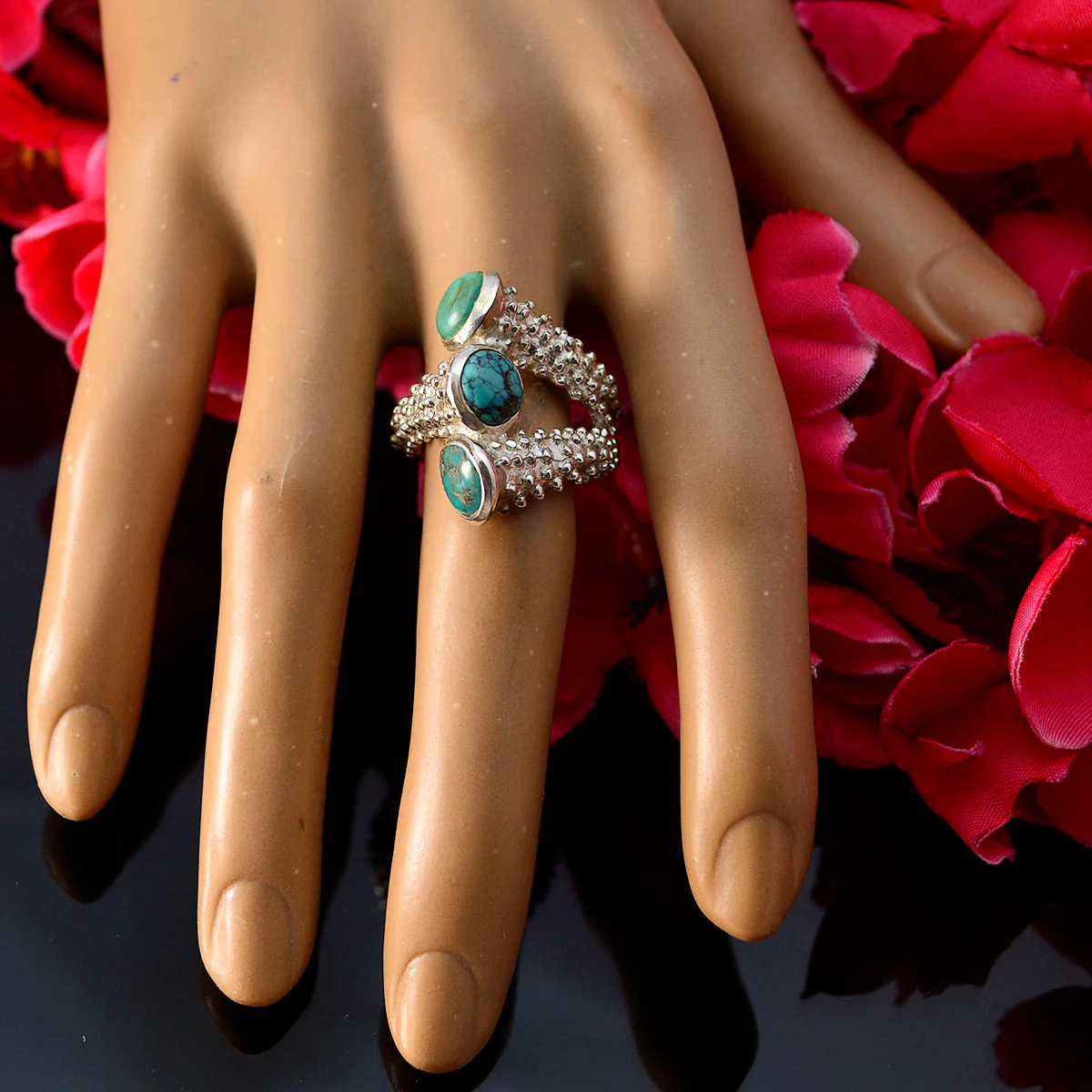 Turquoise Trilogy French 925 Sterling Silver Blue Gemstone Edgy Contemporary Ring Jewellery - Image 6